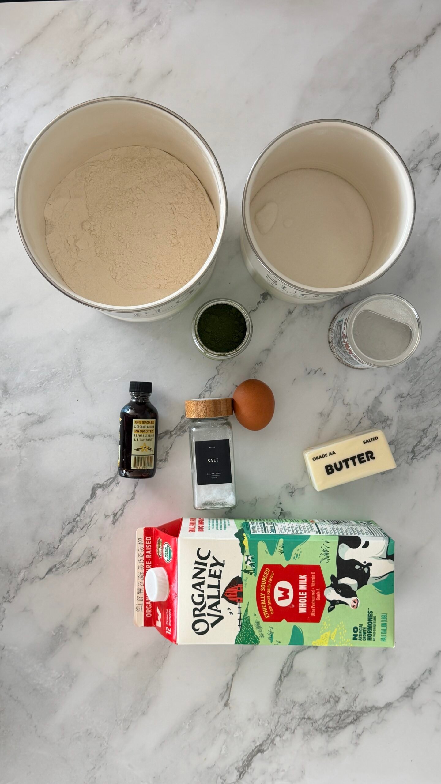 Matcha pancake ingredients: flour, sugar, matcha powder, egg, milk, butter, vanilla, baking powder, and salt.