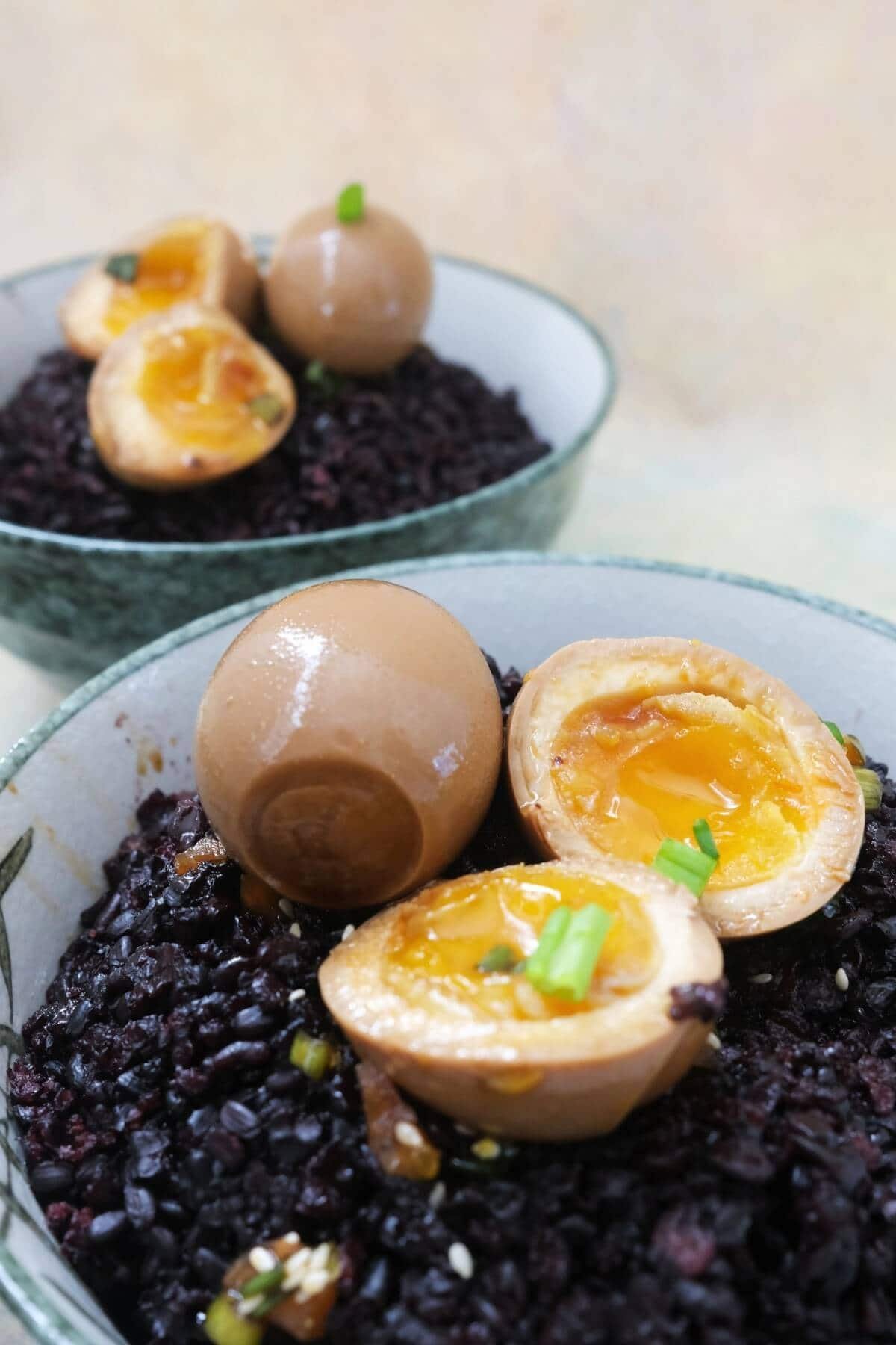 Marinated soft-boiled eggs with glossy amber whites and creamy yolks