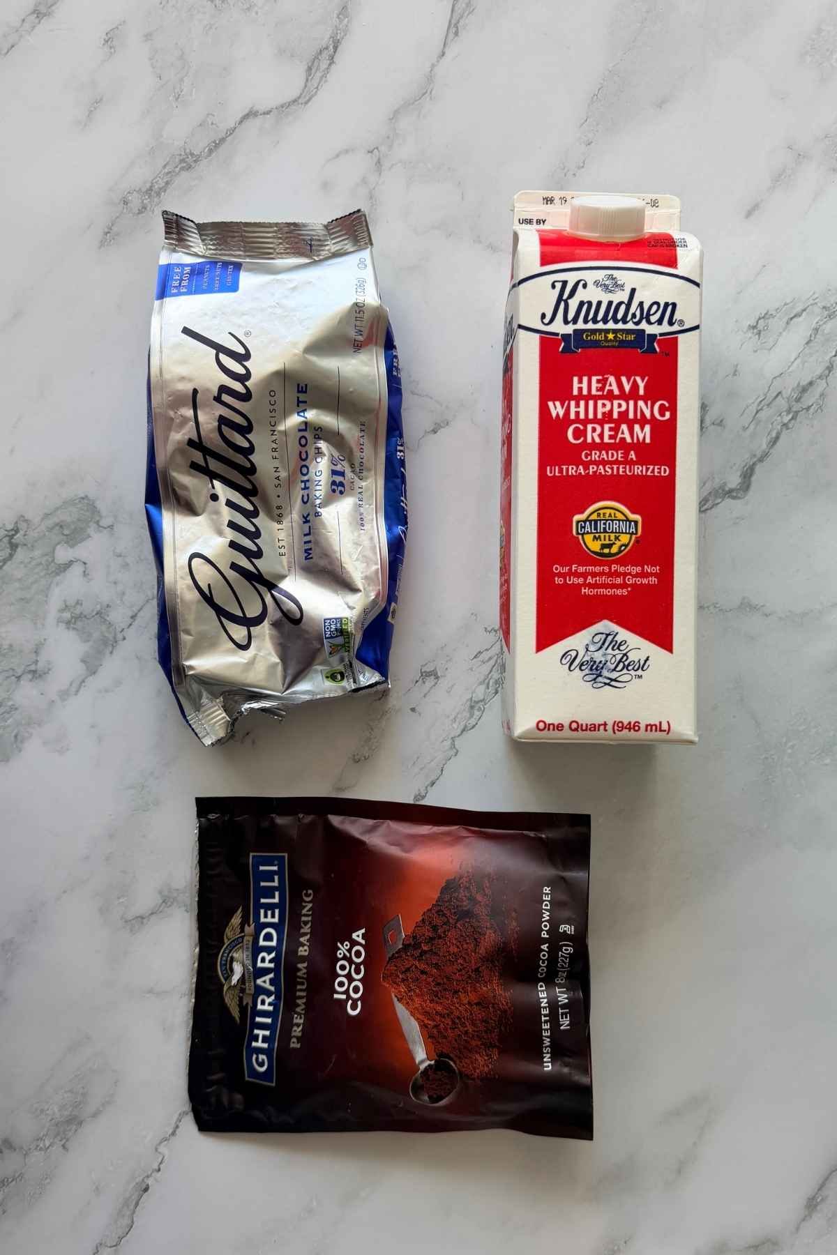 Ingredients for milk chocolate truffles: Milk chocolate chips, heavy whipping cream, and cocoa powder