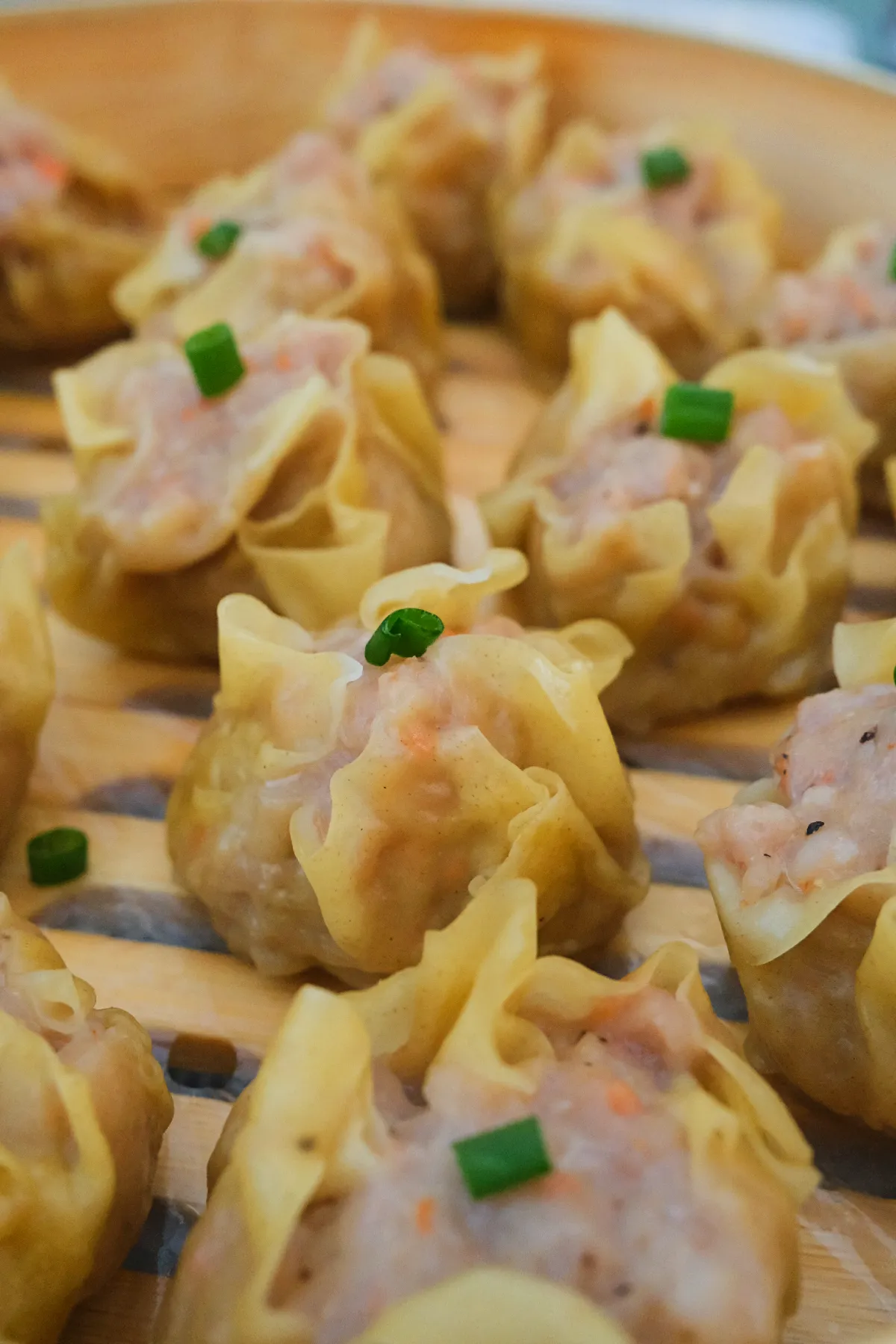 Close-up of steamed pork siomai garnished with chopped green onions in bamboo steamer.