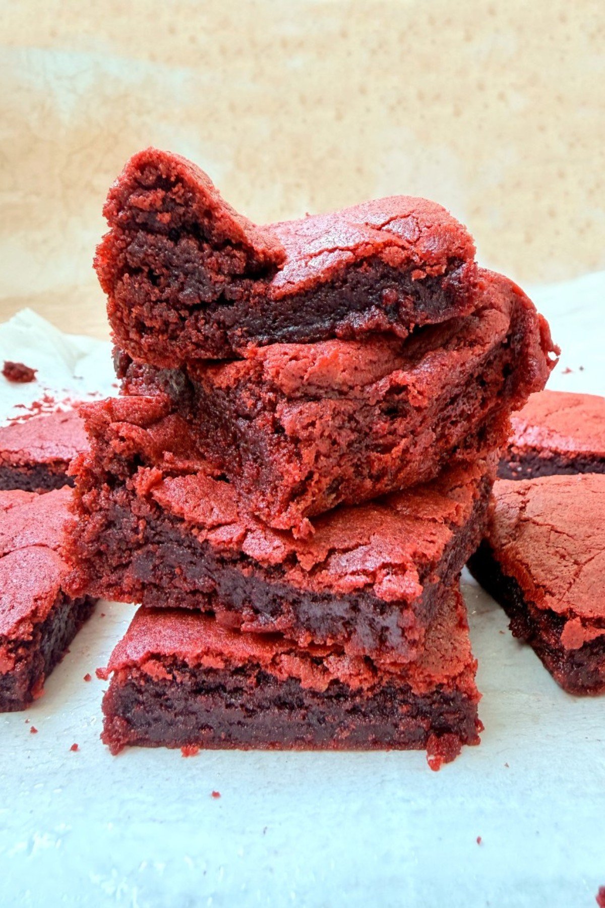 Stack of red velvet brownies with  cake mix