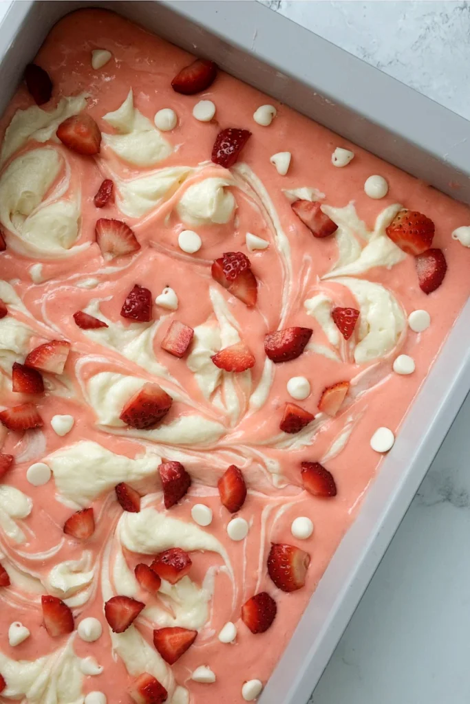 Unbaked strawberry cake batter in a baking dish swirled with cream cheese and topped with diced strawberries and white chocolate chips.