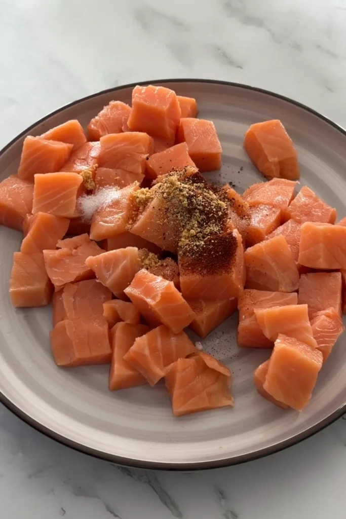 Raw salmon cubes on a plate topped with salt, pepper, paprika, and garlic powder for bang bang salmon bites.