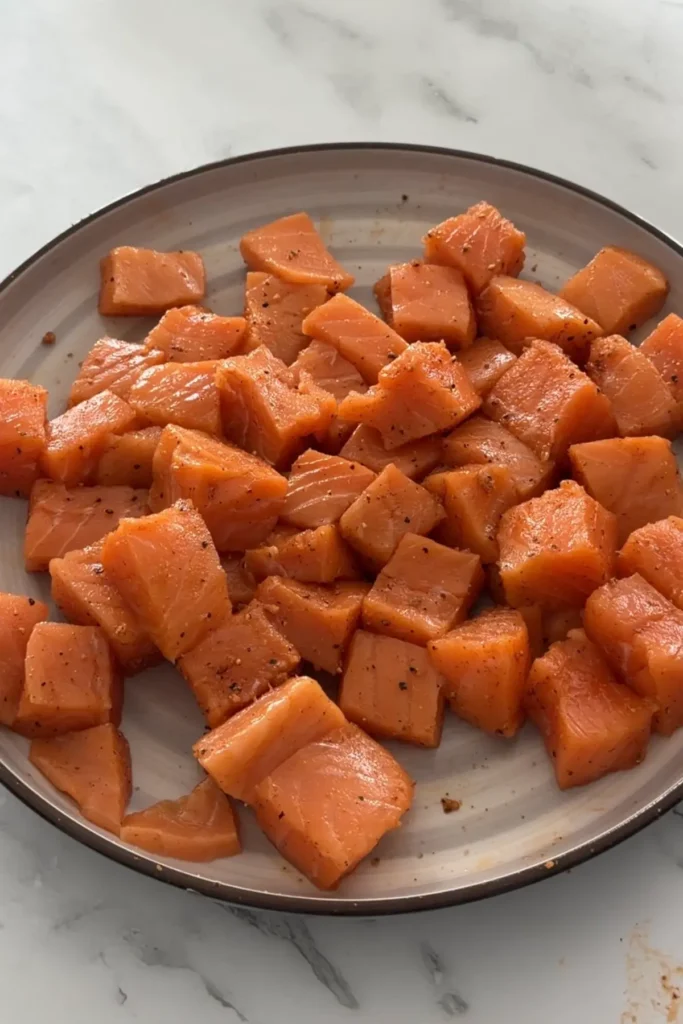 Fresh salmon cubes evenly coated with seasoning and ready to cook.