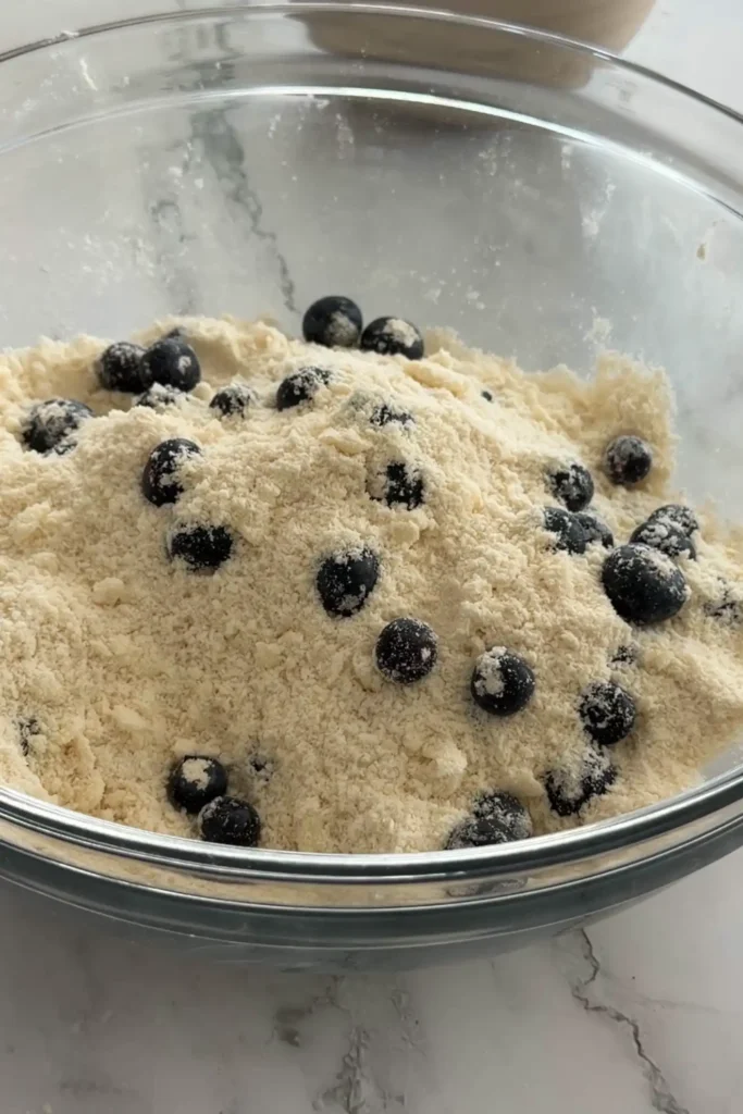 Blueberries lightly coated in flour mixture for blueberry biscuits.