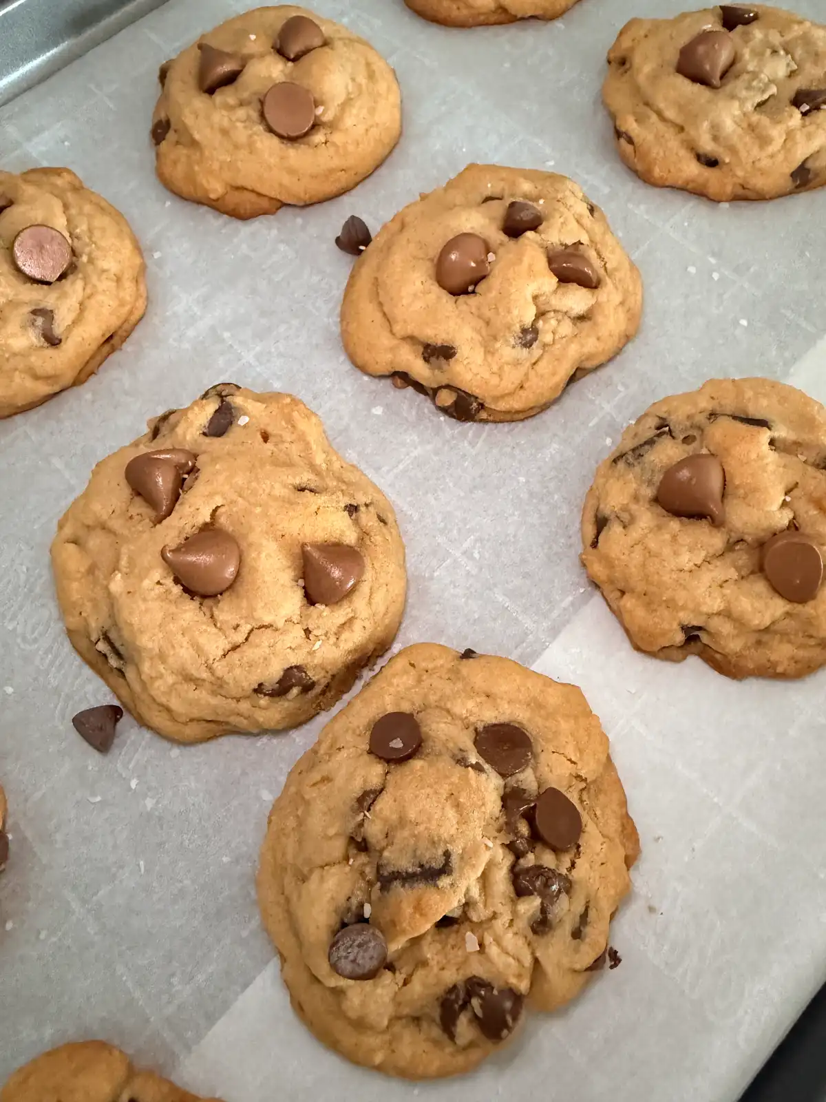 Freshly baked brown sugar chocolate chip cookies sprinkled with sea salt