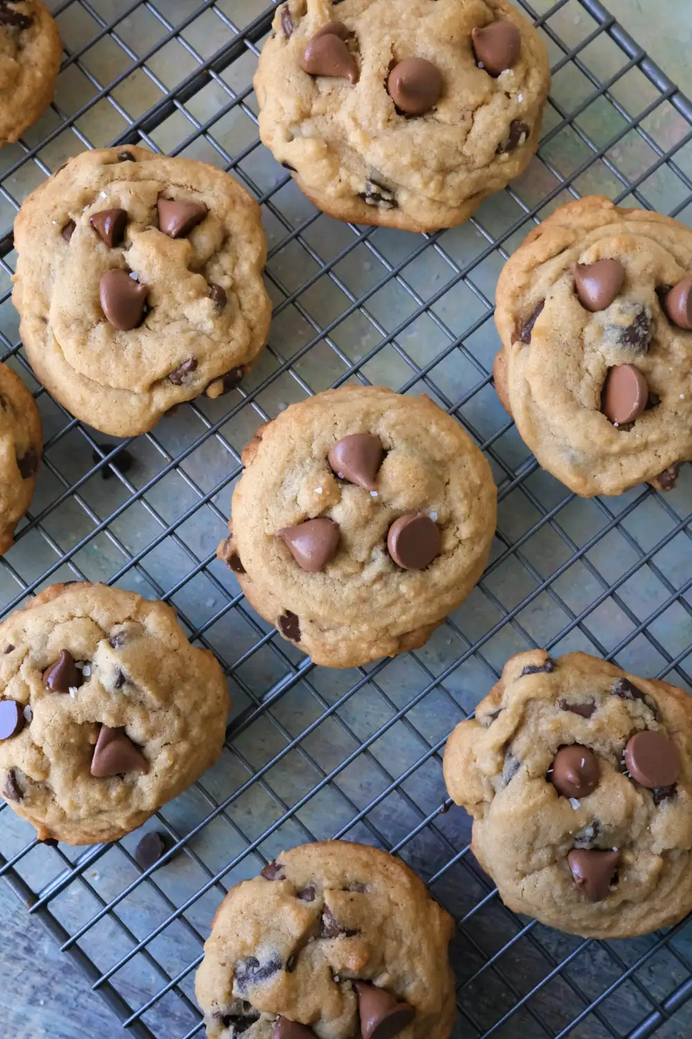 Overhead view of brown sugar chocolate chip cookies on a cooling rack with flaky sea salt on top.