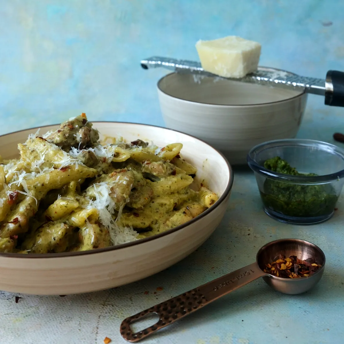 Creamy pesto chicken pasta in a bowl topped with grated parmesan, with a microplane grater and parmesan block, a small bowl of pesto, and a copper spoon filled with red pepper flakes