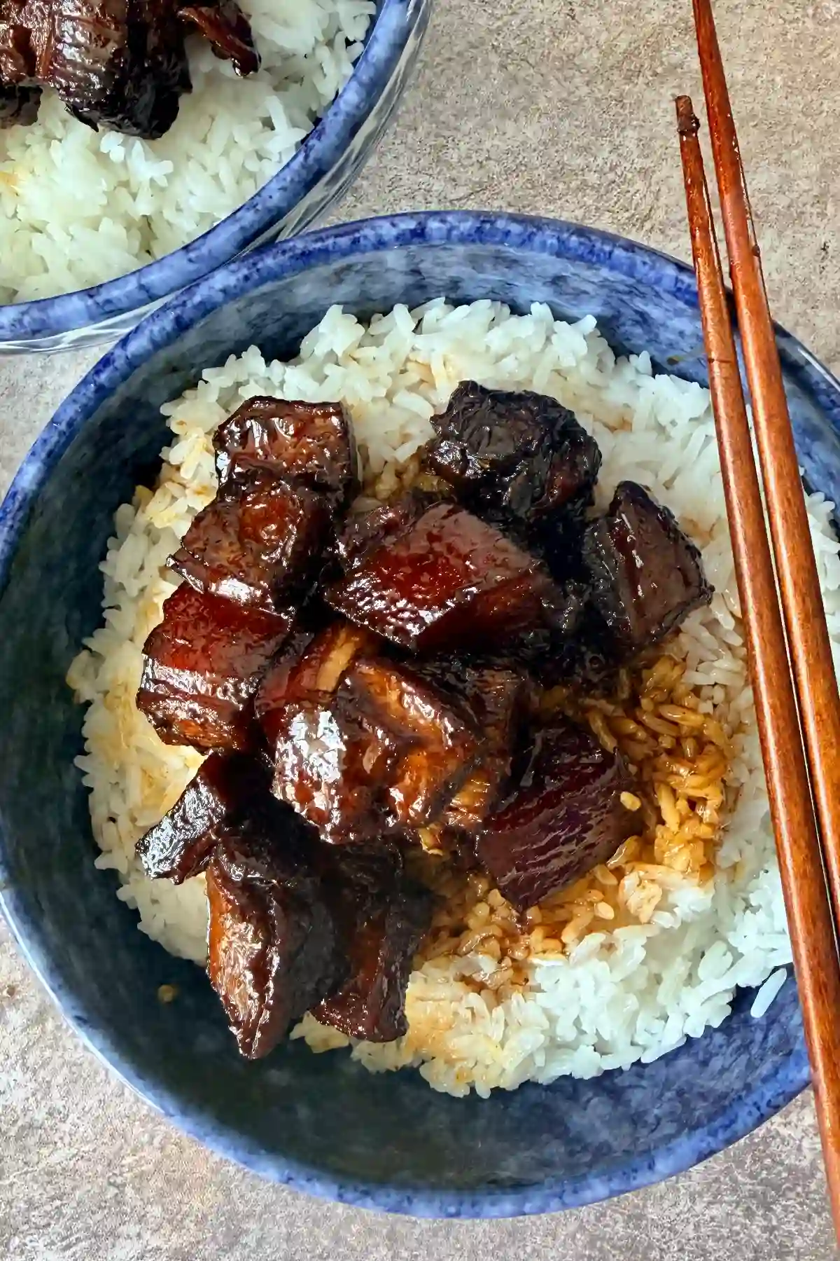 Hong Shao Rou pork belly bowls with soy sauce glaze and rice