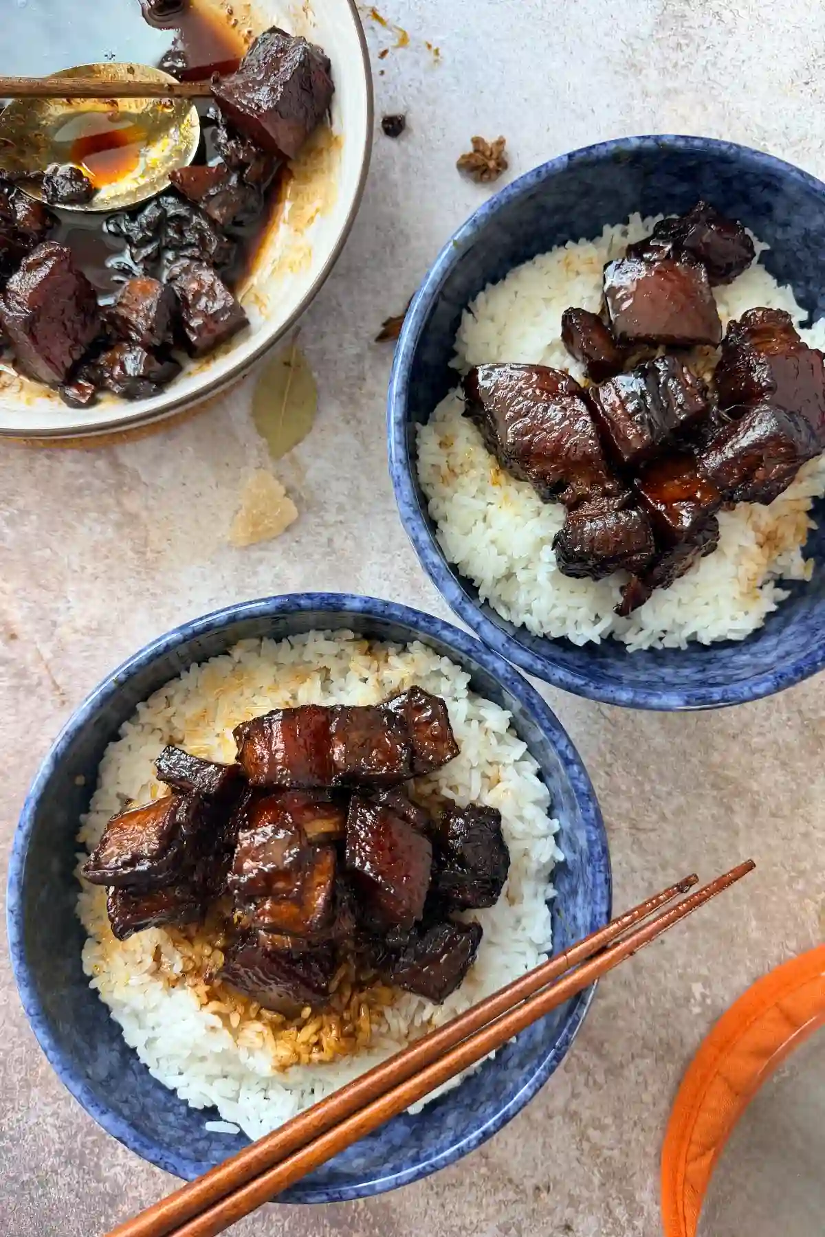 Hong Shao Rou pork belly bowls with soy sauce glaze and rice