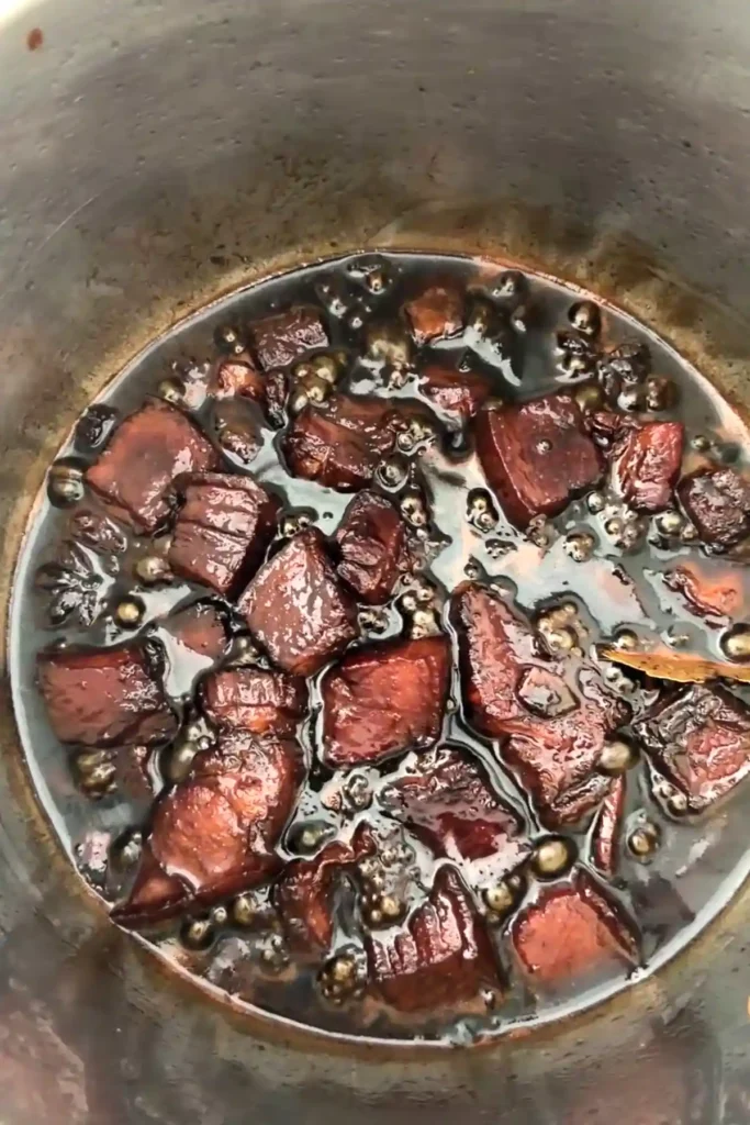 Close-up of Hong Shao Rou pork belly simmering in rich sauce