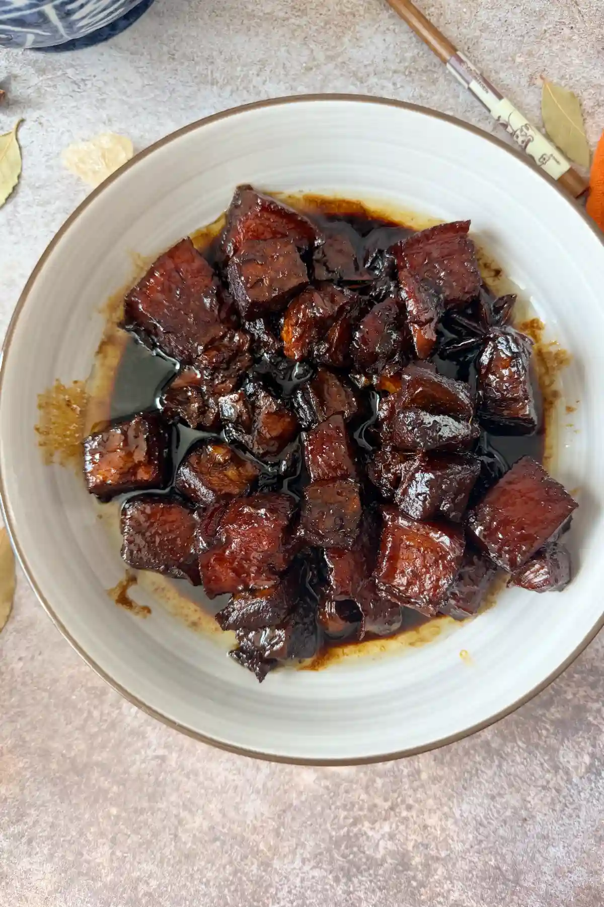 Finished Hong Shao Rou sticky braised pork belly in bowl