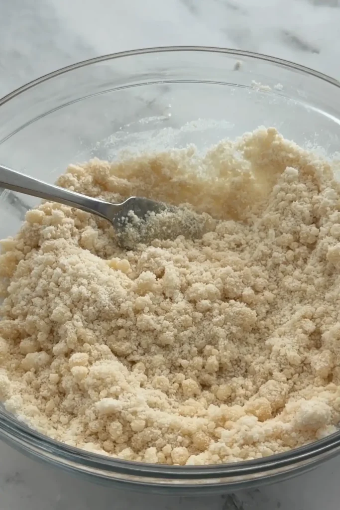 Shortbread crust mixture with melted butter mixed into flour and sugar.