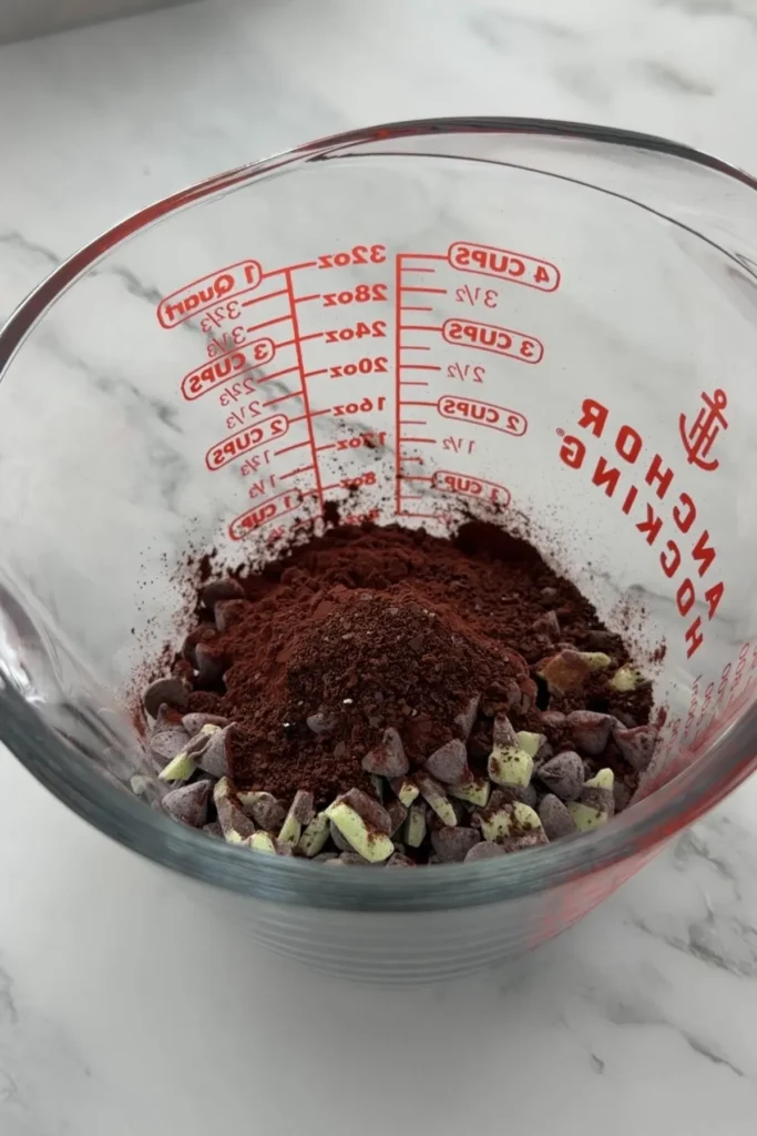 Chocolate chips and cocoa powder in measuring cup before melting
