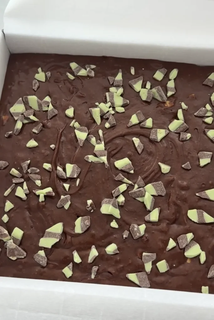 Brownie batter smoothed in pan with visible chocolate chunks throughout