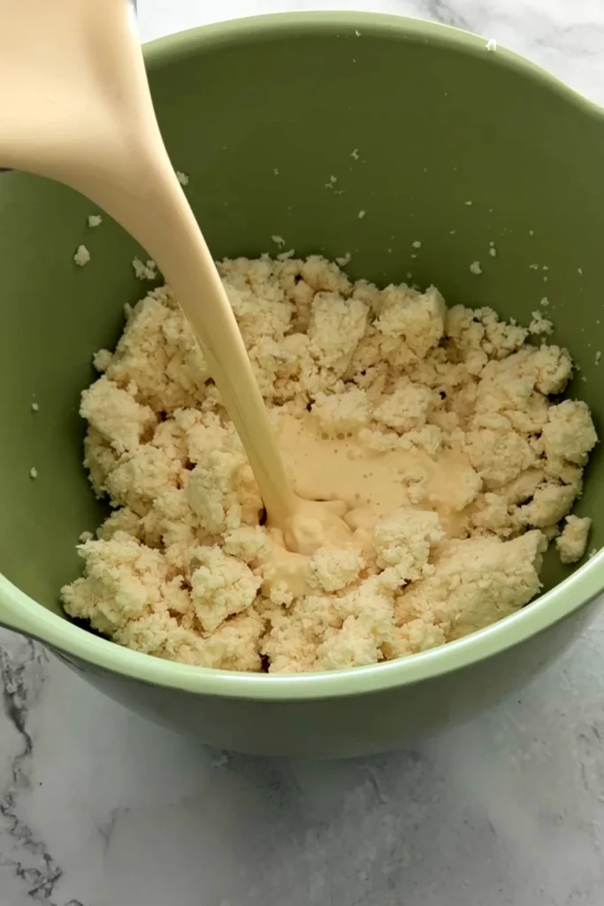 Evaporated milk being poured over grated cassava