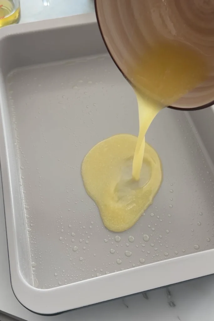 Melted butter being poured into a baking pan for pineapple upside down cake