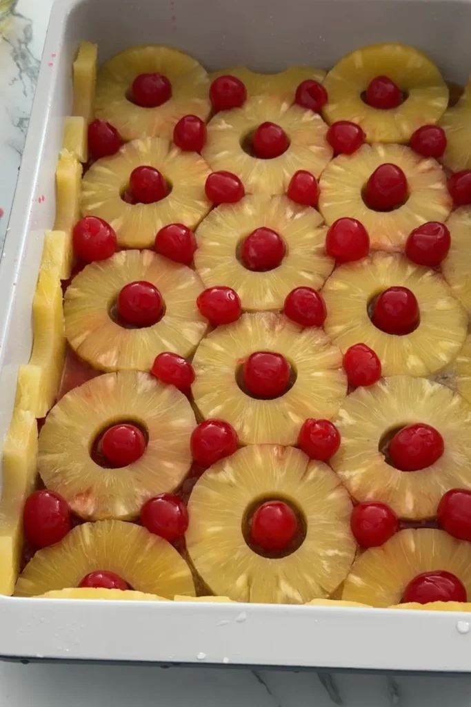 Maraschino cherries placed in the center of pineapple slices before baking