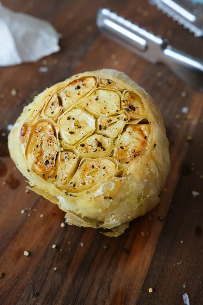 Roasted head of garlic on a wooden cutting board, cut side facing up to show soft golden cloves sprinkled with black pepper and salt, with metal tongs blurred in the background.