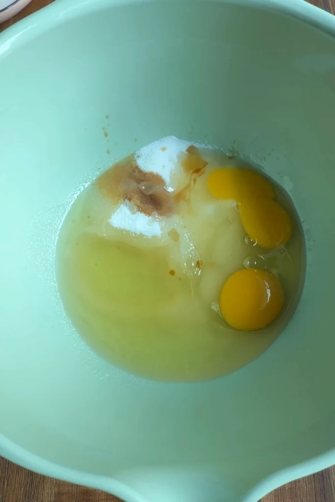 Wet ingredients for carrot cupcakes in a large mixing bowl, including eggs, oil, sugar, and vanilla before being whisked together.