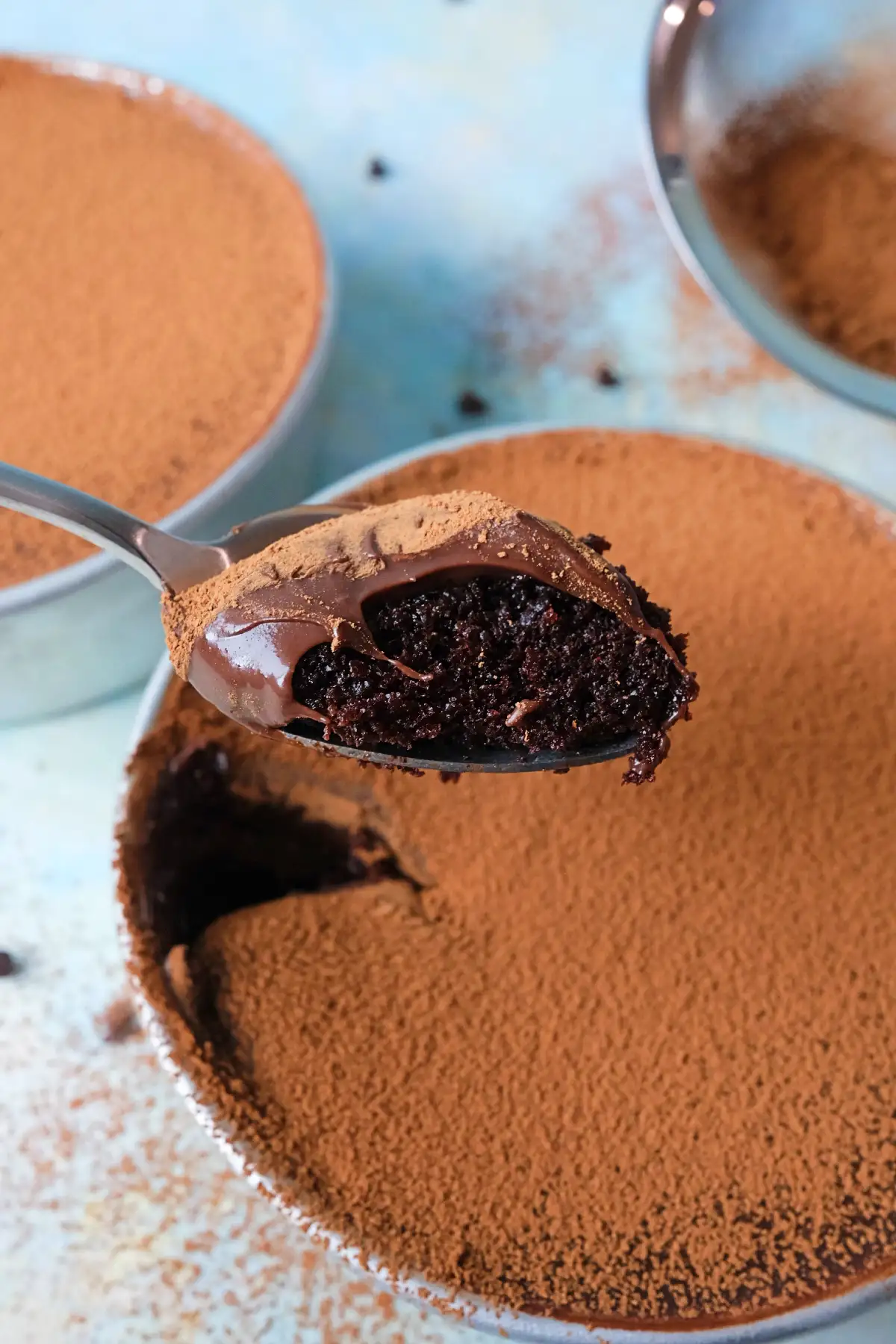 Spoon lifting a bite of chocolate dream cake from a round pan, revealing a soft, moist interior coated with smooth chocolate ganache and a light cocoa powder topping.