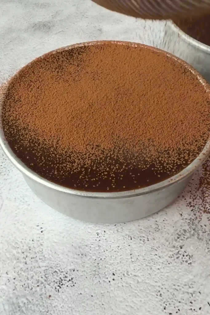 Final cake dusted with cocoa powder using a sieve, creating a soft, even coating over the ganache.