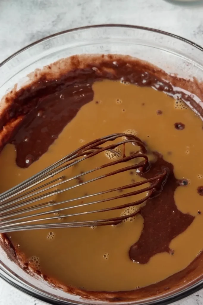 Whisk mixing the wet and dry ingredients together, creating a smooth chocolate batter with a light brown color before adding coffee.