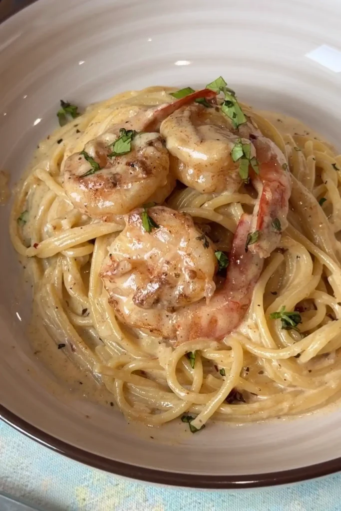 Finished creamy garlic shrimp pasta plated in a beige bowl, with spaghetti coated in a velvety sauce and topped with browned shrimp and chopped parsley.