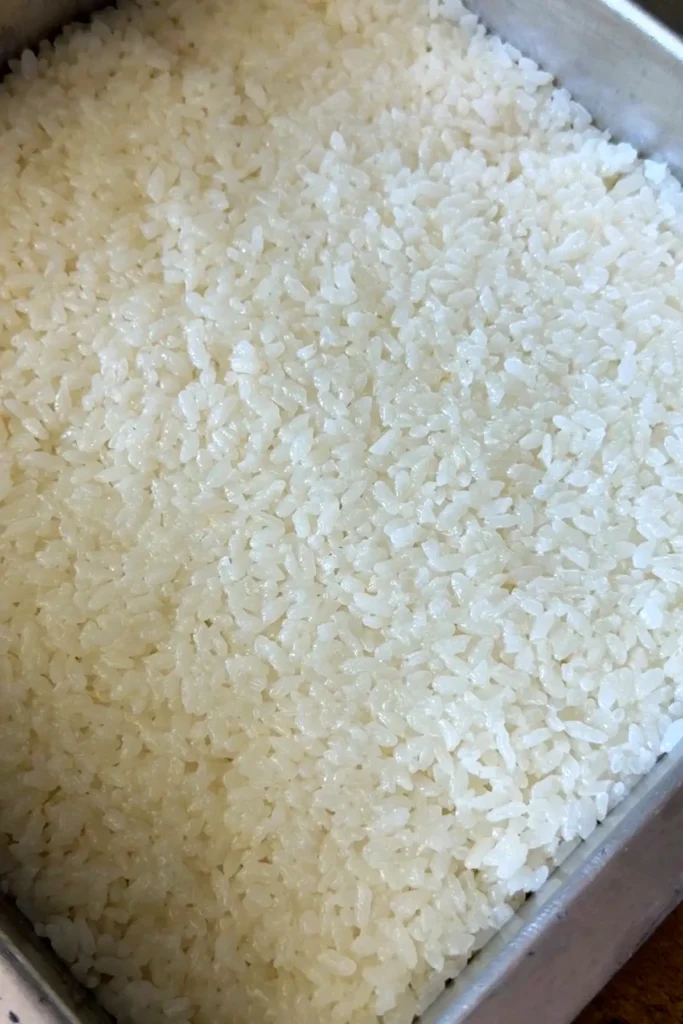 Cooked sushi rice is spread into an even layer in a rectangular metal pan, forming the base for the salmon sushi bake.