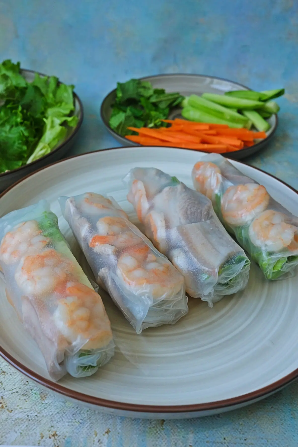 Plate of fresh Vietnamese spring rolls with shrimp and pork served with vegetables