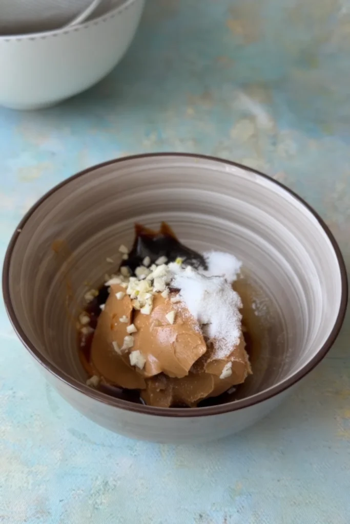 Peanut butter, soy sauce, hoisin sauce, garlic, and sugar in a bowl before mixing peanut sauce