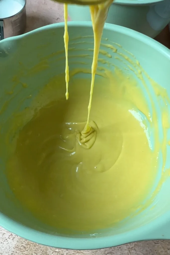 Smooth chiffon cake batter after mixing flour and cornstarch into the egg yolk mixture.