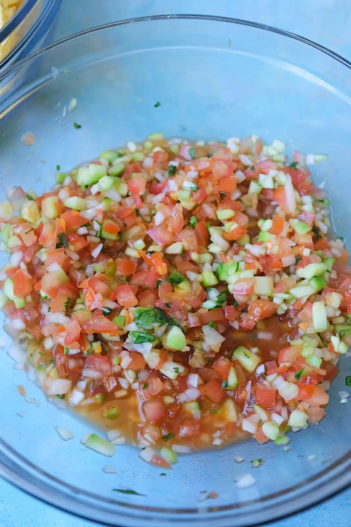 Close-up of chunky salsa with diced tomatoes, cucumber, onion, and cilantro.