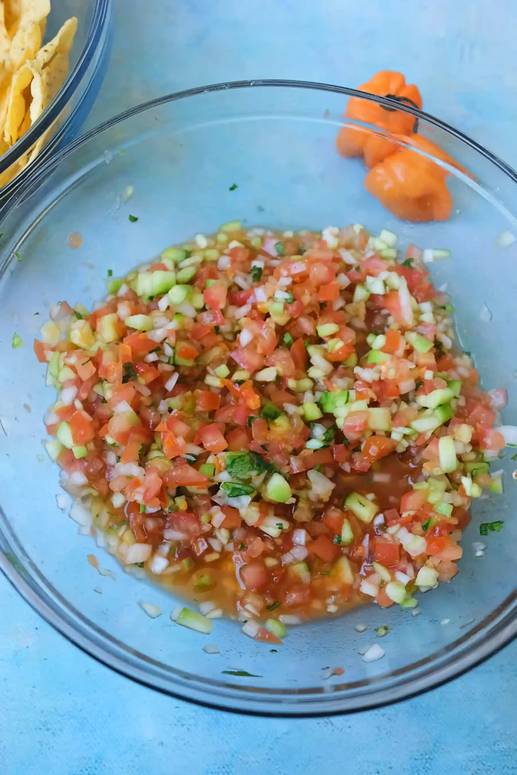 Close-up of chunky salsa with diced tomatoes, cucumber, onion, and cilantro.