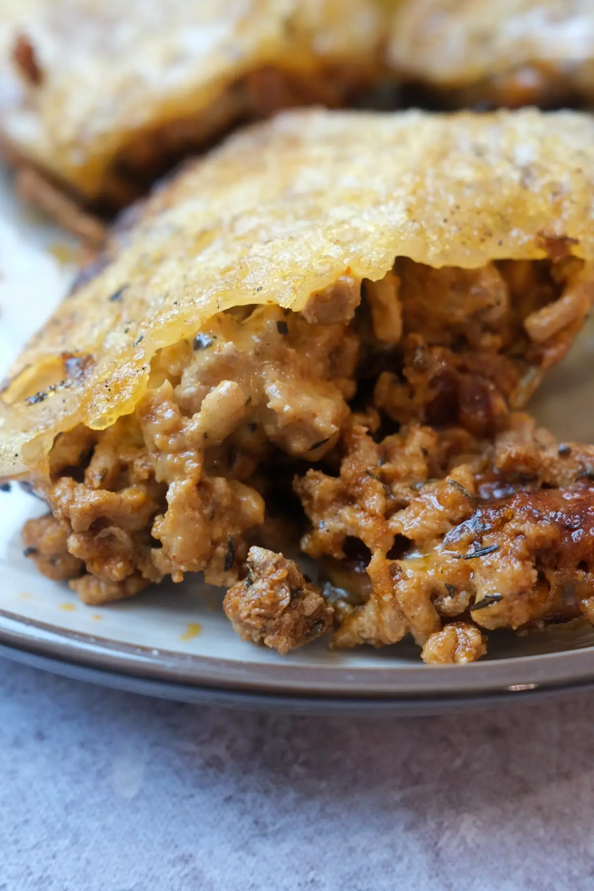 Close-up of crispy rice paper dumpling filled with cheesy seasoned pork on a plate.