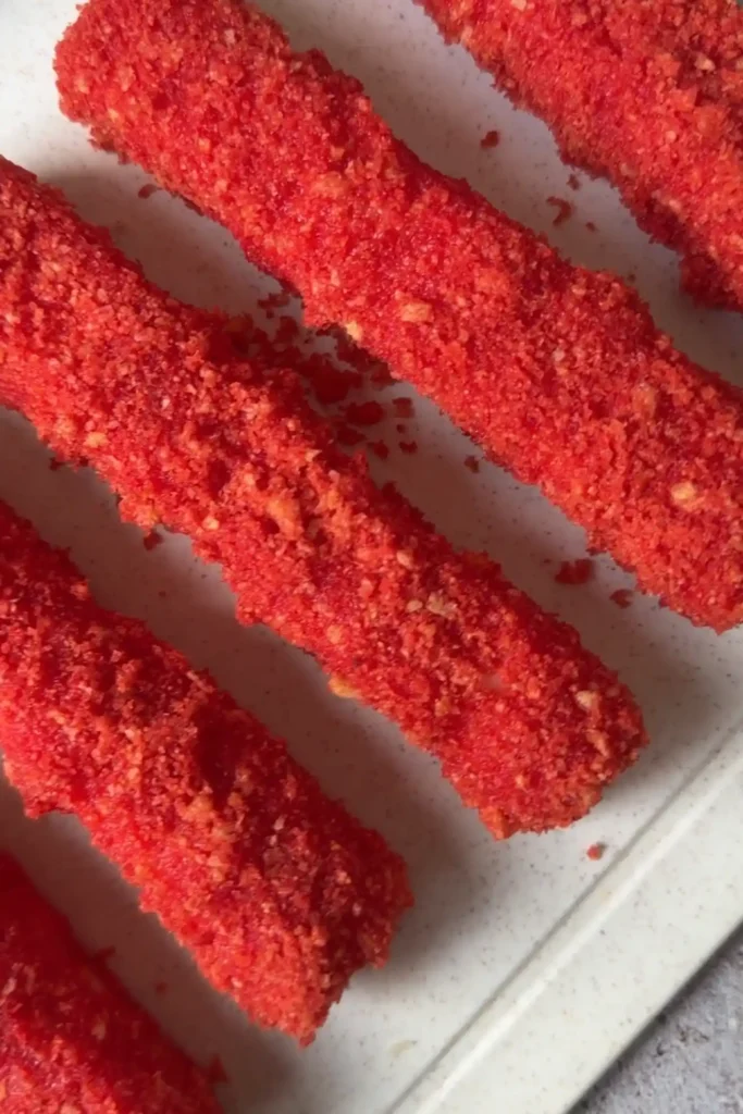 Unfried Hot Cheetos mozzarella sticks lined up on a tray before freezing.