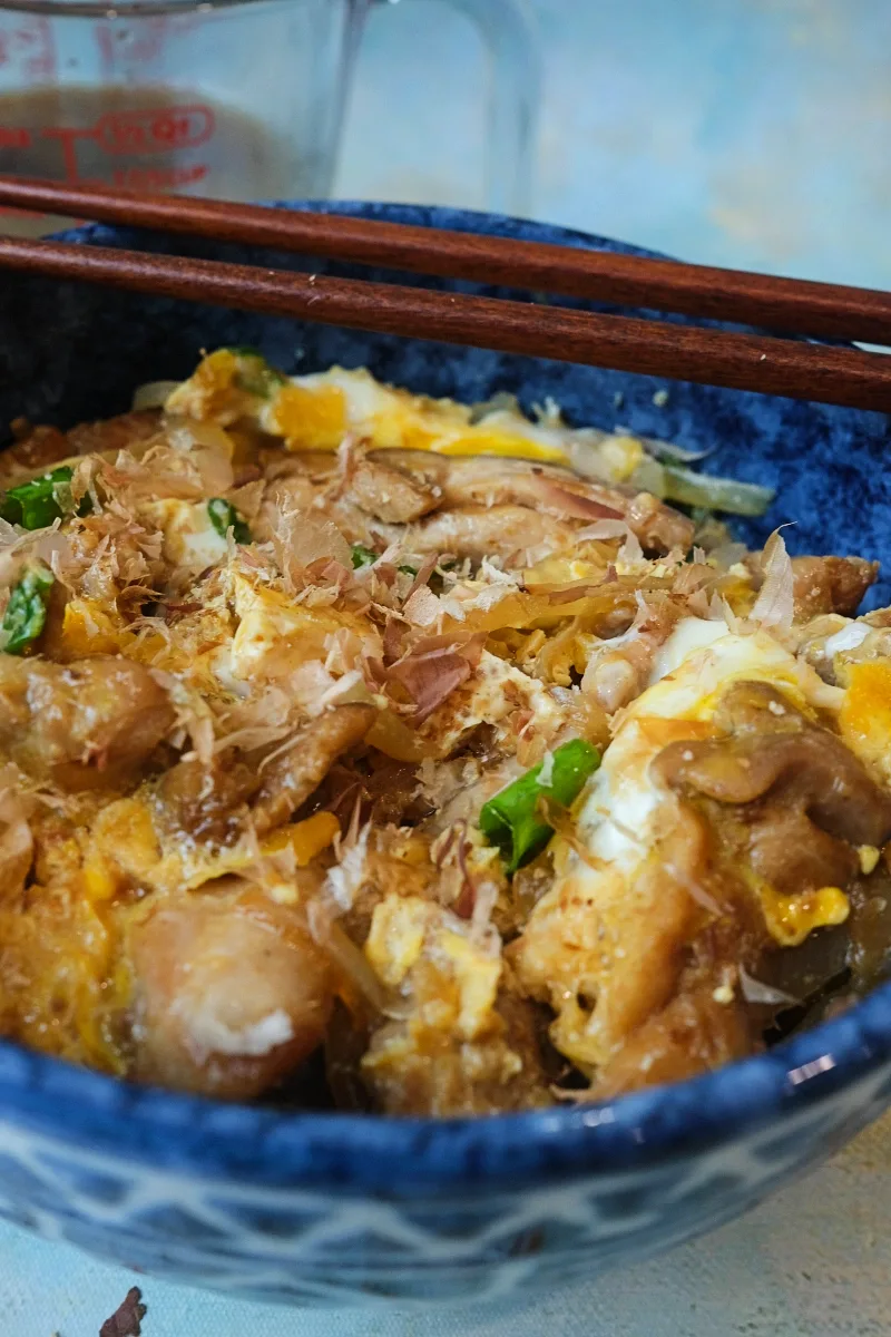 Close-up of oyakodon in a bowl with layered chicken, eggs, and onions, garnished with green onions and bonito flakes.