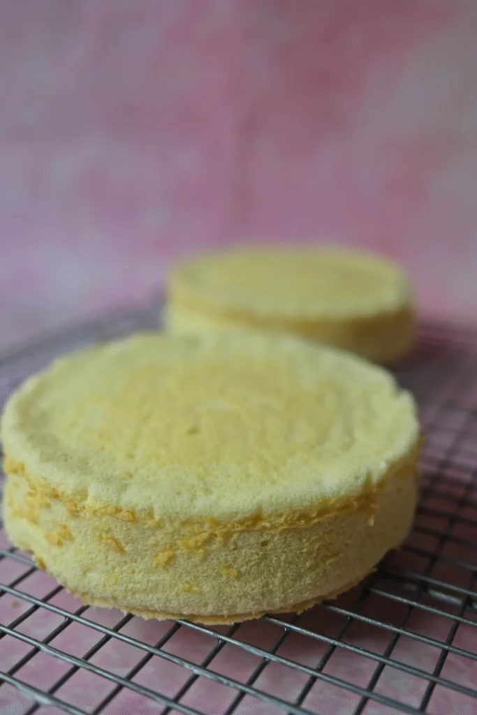 Freshly baked chiffon sponge cake rounds cooling on a wire rack.