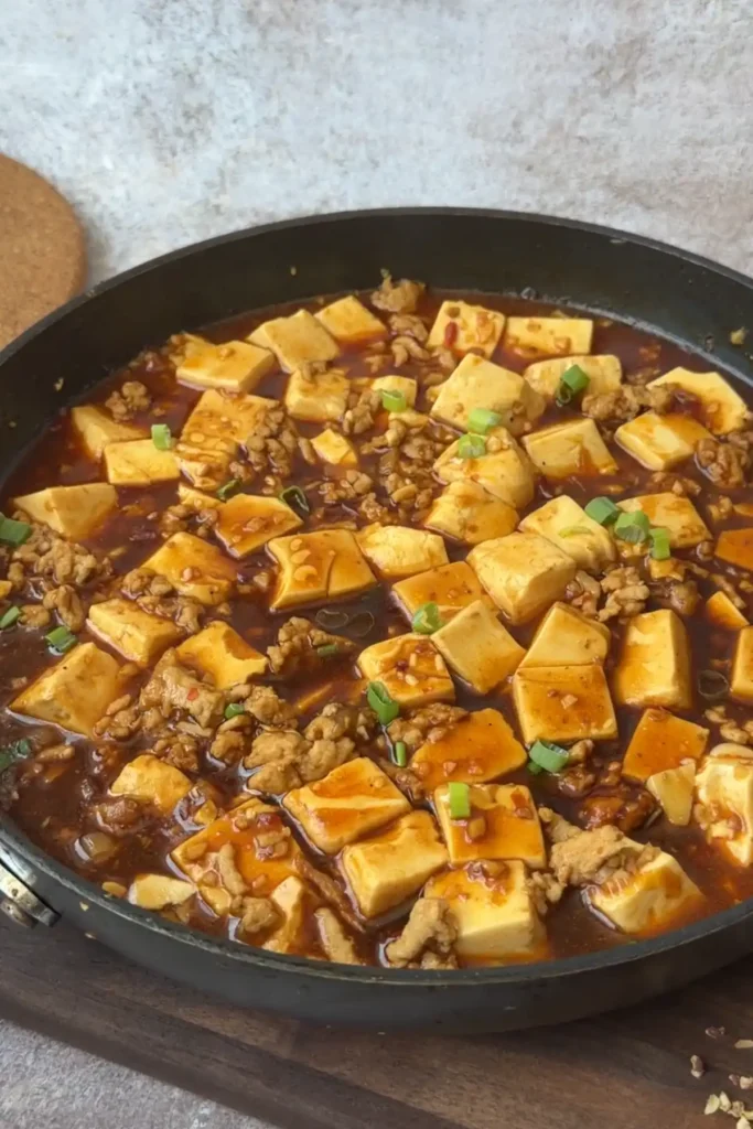 Finished chicken mapo tofu with silky tofu, ground chicken, and green onions.