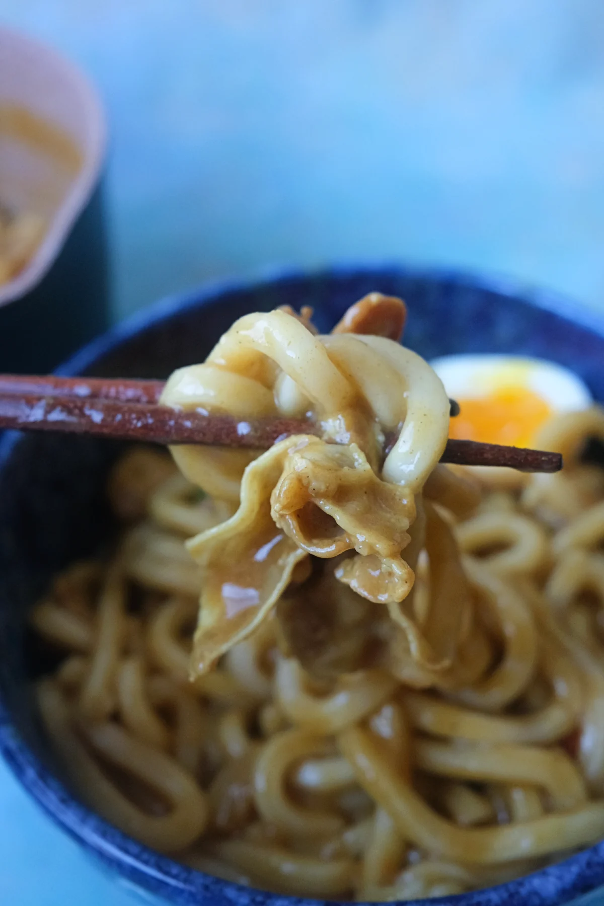 Close-up of chewy udon noodles coated in rich Japanese curry broth with tender pork belly held by chopsticks.