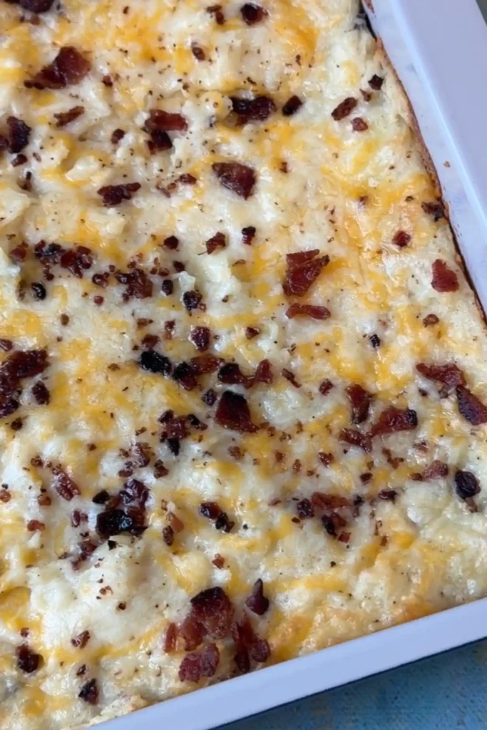 Loaded baked potato casserole baked until the cheese is melted and lightly golden.
