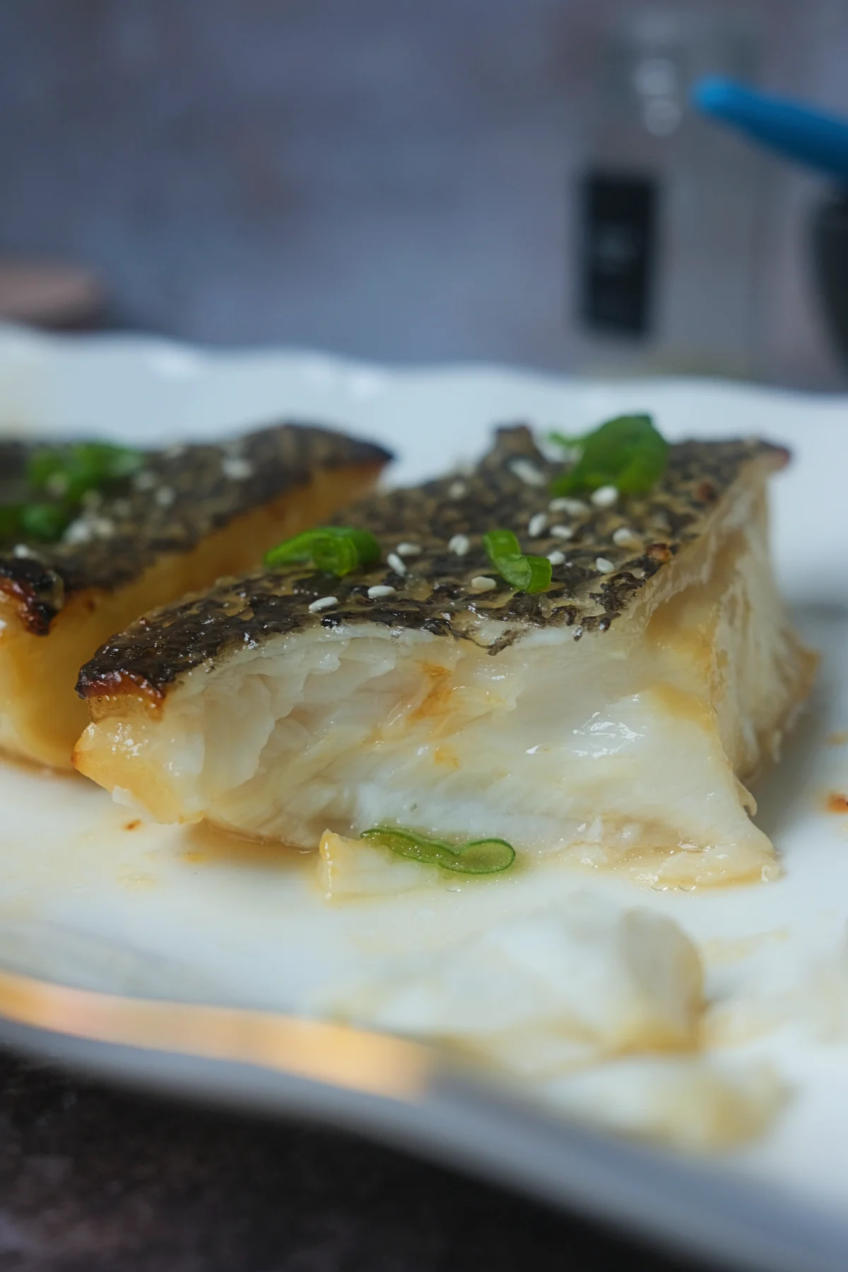 Close-up of tender and flaky miso glazed Chilean sea bass