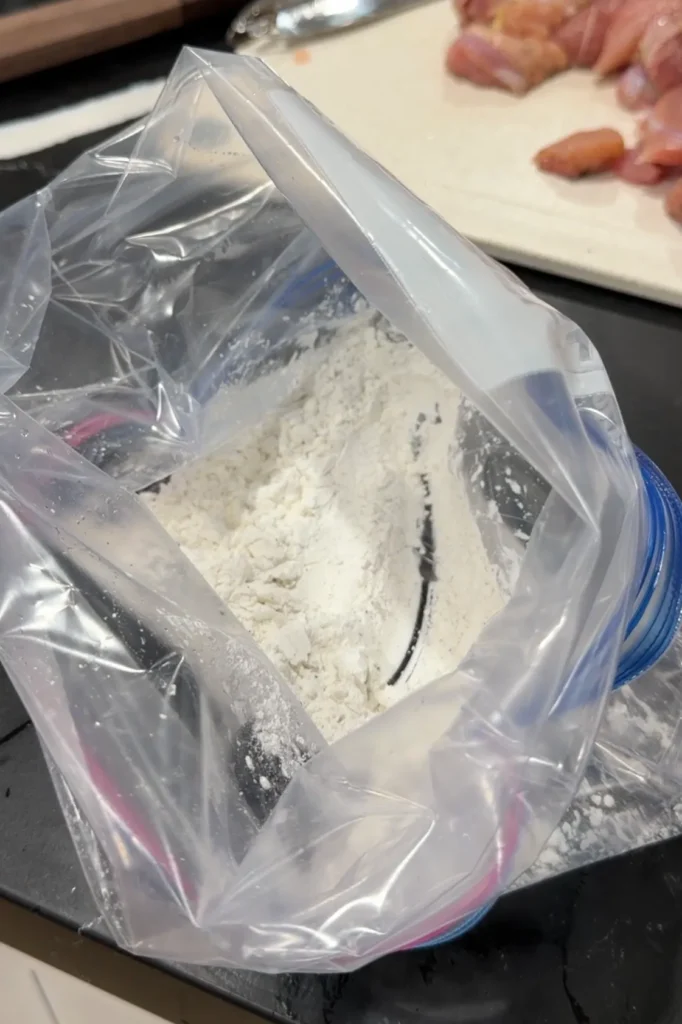 Adding flour to a zip-top bag to prepare the coating for crispy orange chicken.