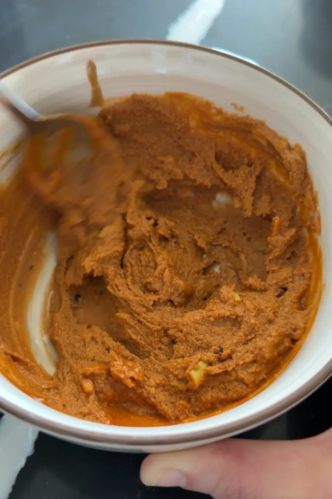 Creamy sesame paste mixture stirred until smooth for homemade tantanmen ramen broth