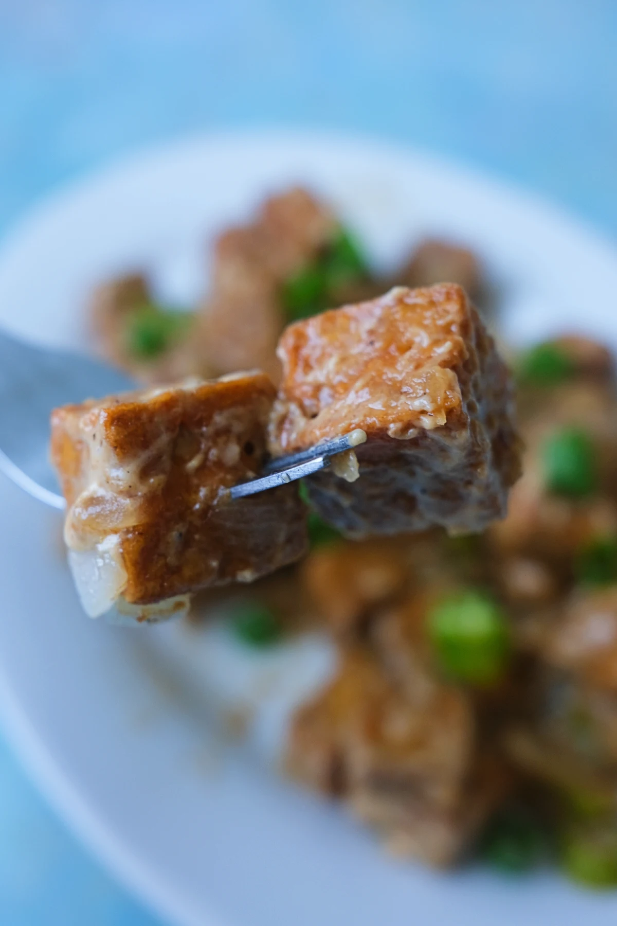 Close-up of crispy fried tofu coated in creamy sisig sauce on a fork.
