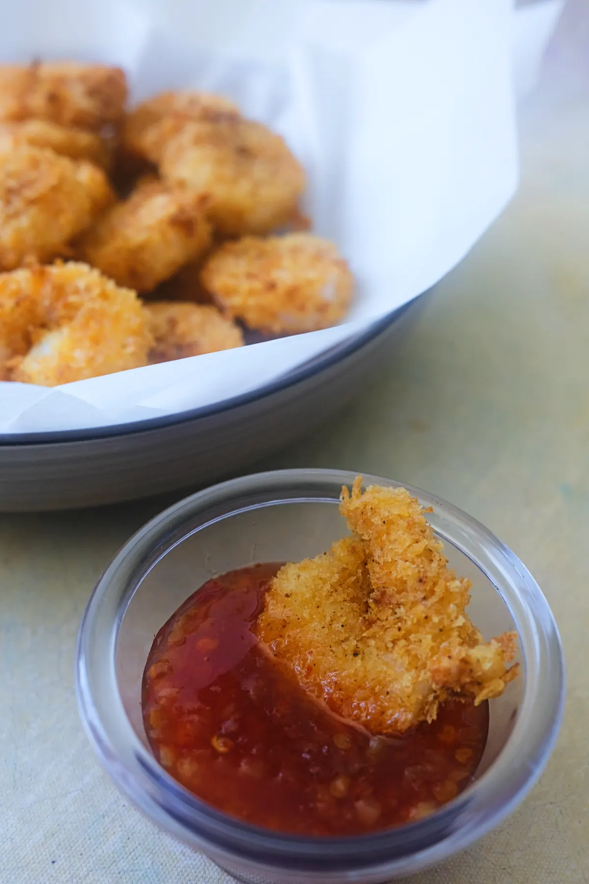 Homemade panko breaded popcorn shrimp served with dipping sauce