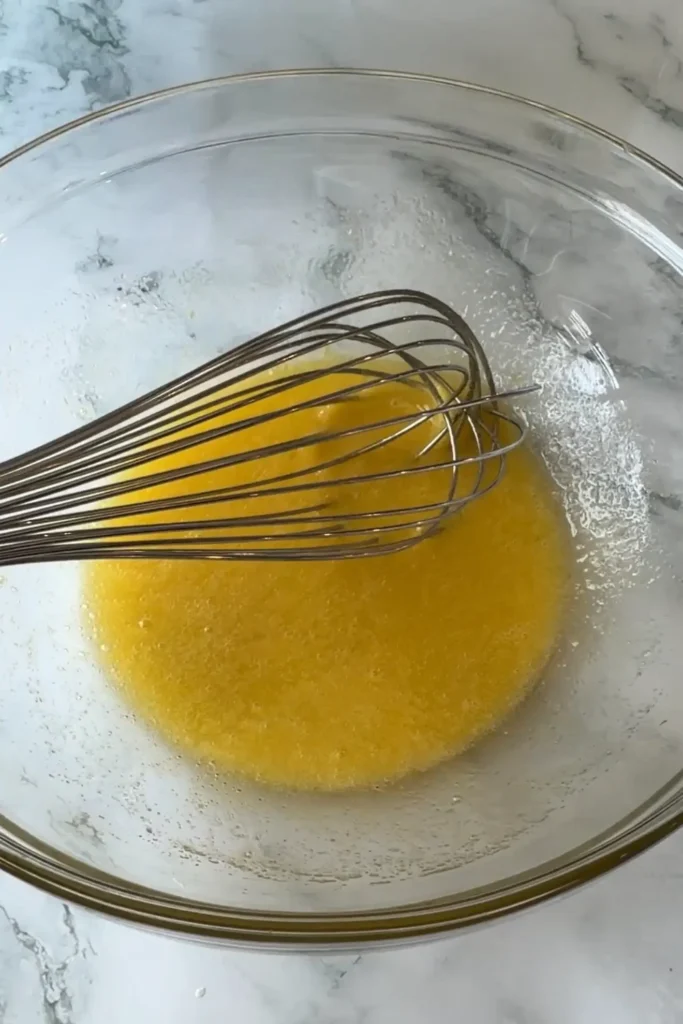 Egg, sugar, salt, and vanilla whisked until smooth.