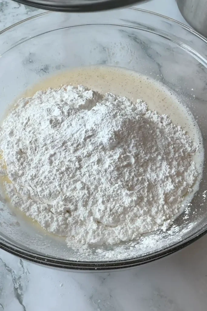 Glutinous rice flour and tapioca starch added to the wet ingredients.
