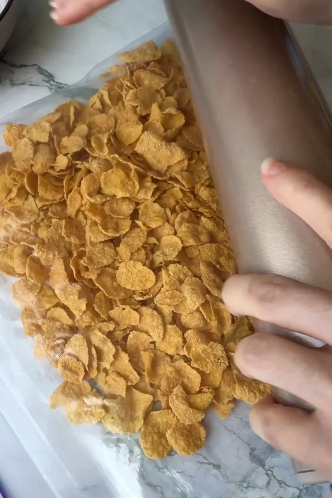Rolling pin crushing plain cornflakes inside a zip-top bag into coarse crumbs.
