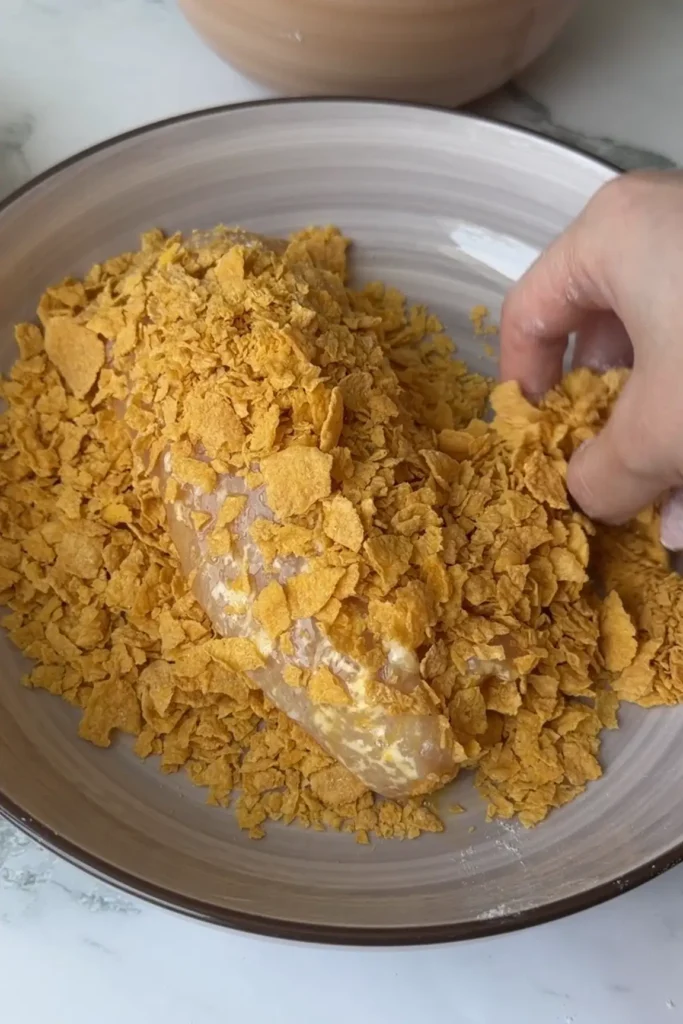 Hand pressing crushed cornflakes onto a chicken tender until fully coated.